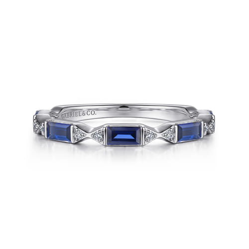 14K White Gold Channel Set Baguette Sapphire and Pave Round Diamond Anniversary Band