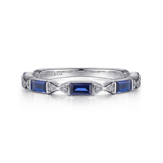 14K White Gold Channel Set Baguette Sapphire and Pave Round Diamond Anniversary Band