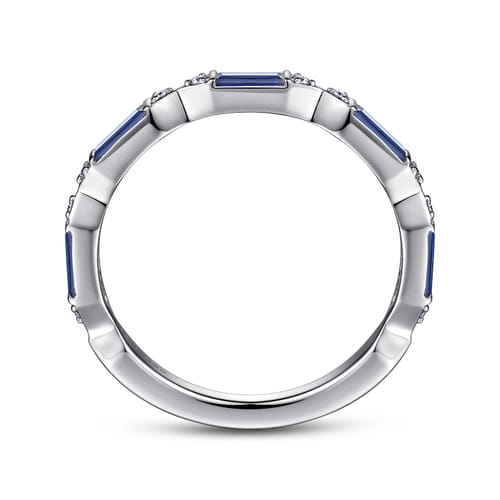 14K White Gold Channel Set Baguette Sapphire and Pave Round Diamond Anniversary Band