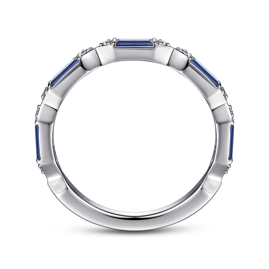 14K White Gold Channel Set Baguette Sapphire and Pave Round Diamond Anniversary Band angle 2