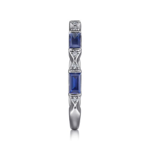14K White Gold Channel Set Baguette Sapphire and Pave Round Diamond Anniversary Band