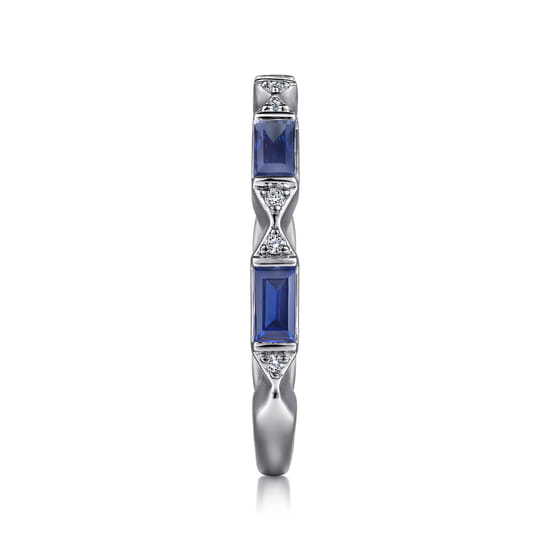 14K White Gold Channel Set Baguette Sapphire and Pave Round Diamond Anniversary Band angle 4