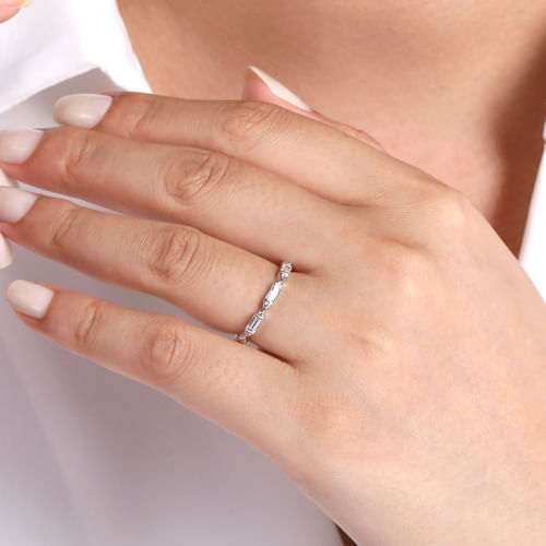 14K White Gold Channel Set Baguette and Round Diamond Anniversary Band