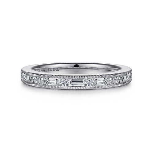 14K White Gold Channel Set Baguette and Round Diamond Anniversary Band