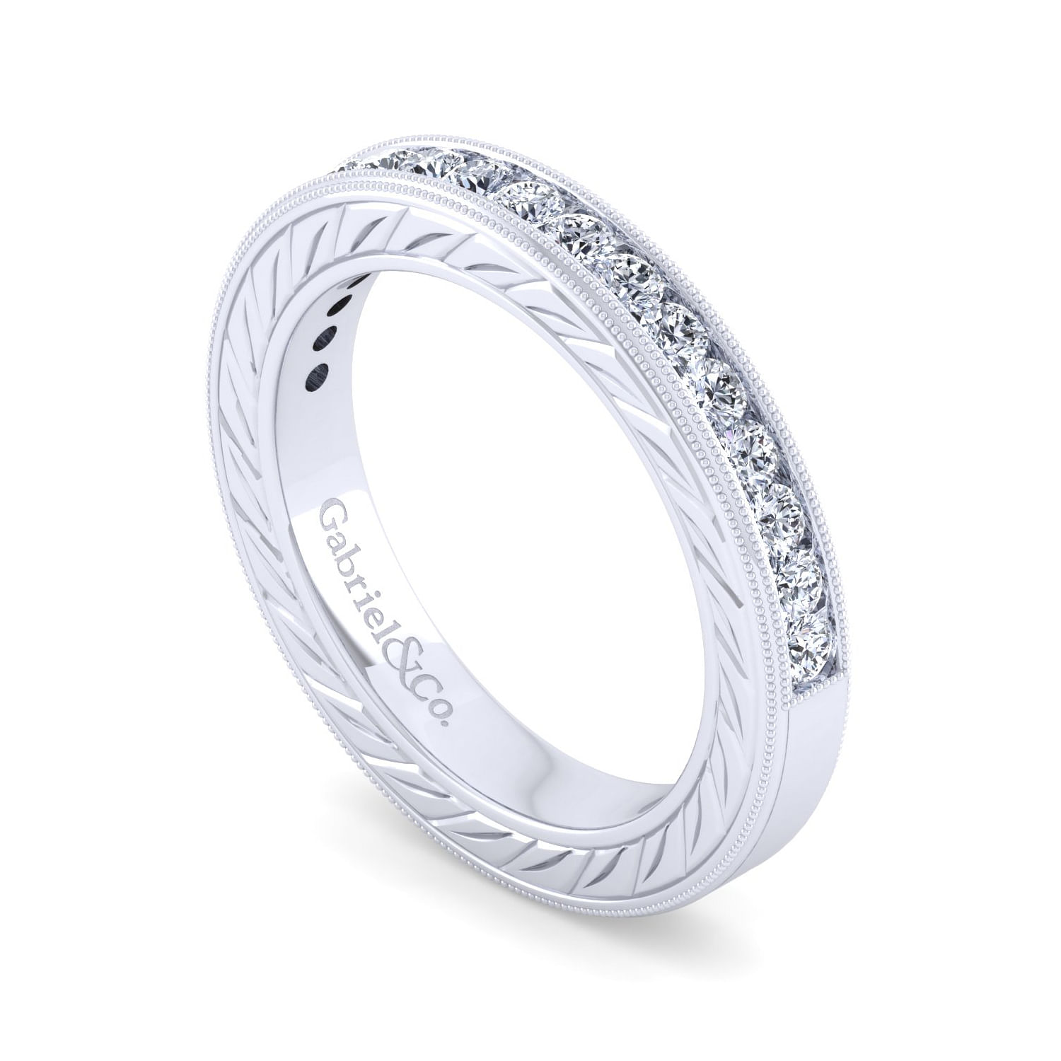 14K White Gold Channel Set Diamond Anniversary Band with Milgrain and Engraving