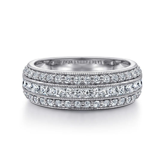 14K White Gold Channel Set Diamond Anniversary Band with Round and Princess Cut Diamonds