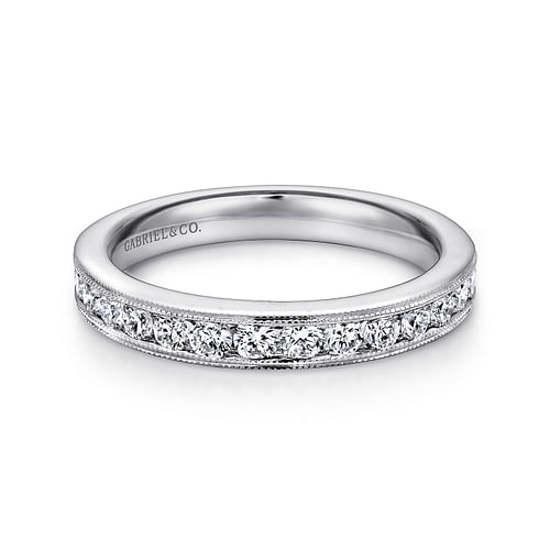 14K White Gold Channel Set Diamond Wedding Band with Milgrain