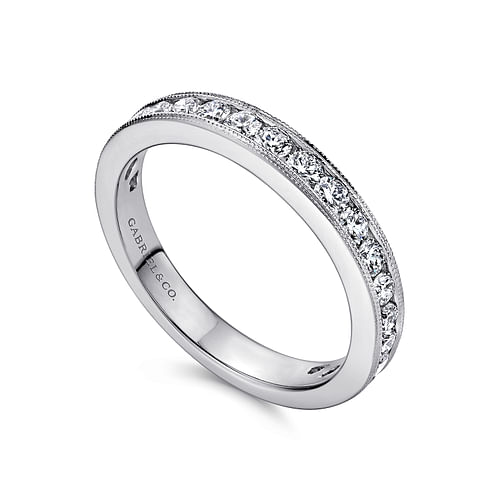 14K White Gold Channel Set Diamond Wedding Band with Milgrain