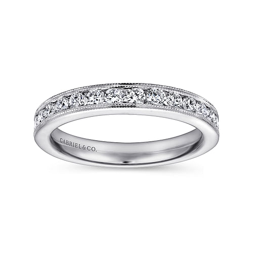 14K White Gold Channel Set Diamond Wedding Band with Milgrain