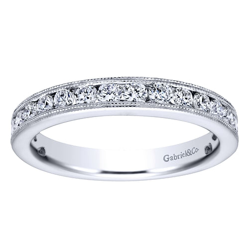 14K White Gold Channel Set Diamond Wedding Band with Milgrain