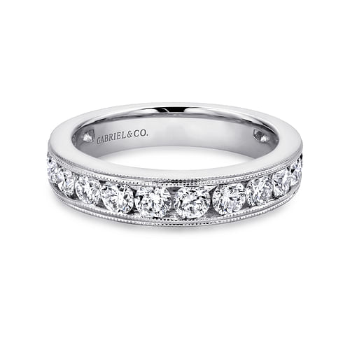 14K White Gold Channel Set Diamond Wedding Band with Milgrain