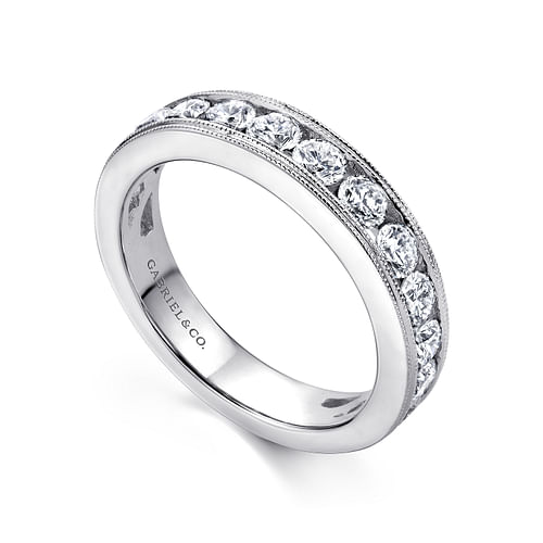 14K White Gold Channel Set Diamond Wedding Band with Milgrain