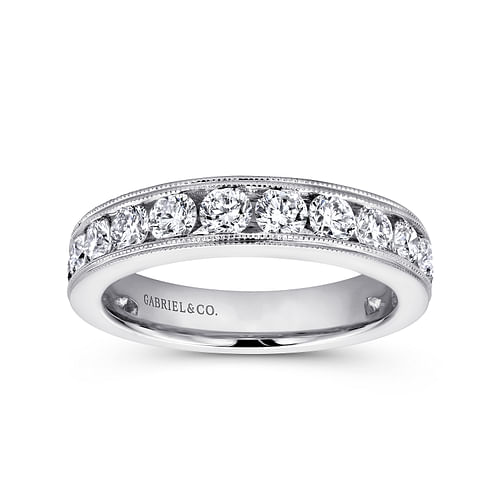 14K White Gold Channel Set Diamond Wedding Band with Milgrain