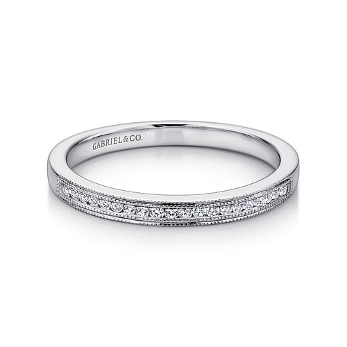 14K White Gold Channel Set Diamond Wedding Band with Milgrain