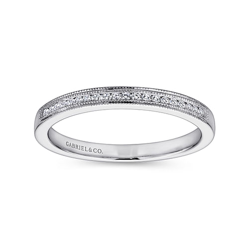 14K White Gold Channel Set Diamond Wedding Band with Milgrain