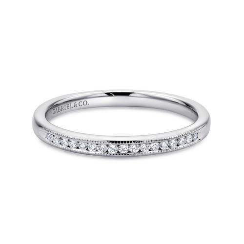14K White Gold Channel Set Diamond Wedding Band with Milgrain