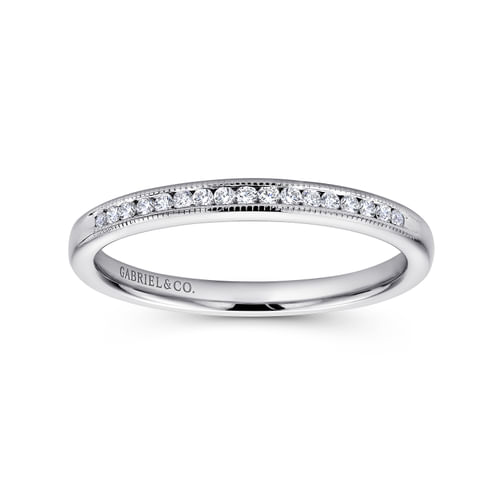 14K White Gold Channel Set Diamond Wedding Band with Milgrain
