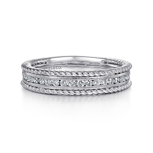 14K White Gold Channel Set Rope Frame Diamond Anniversary Band