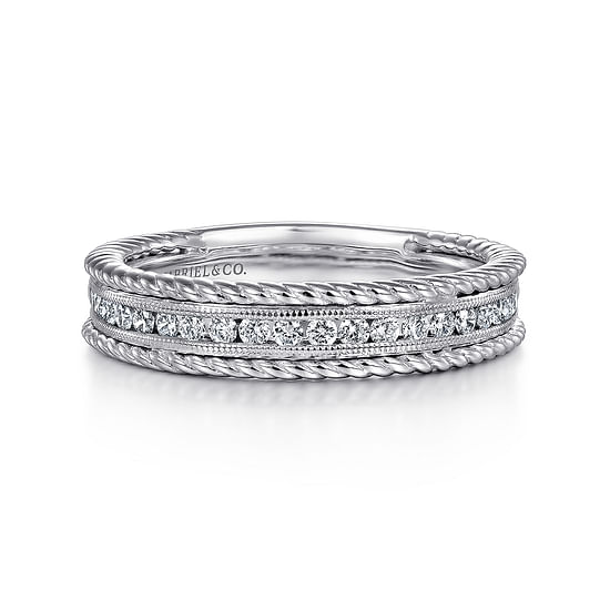 Gabriel - 14K White Gold Channel Set Rope Frame Diamond Anniversary Band