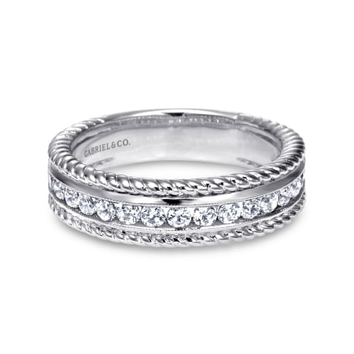 14K White Gold Channel Set Rope Frame Diamond Anniversary Band