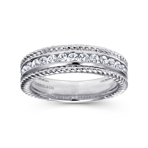 14K White Gold Channel Set Rope Frame Diamond Anniversary Band