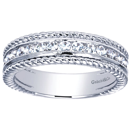 14K White Gold Channel Set Rope Frame Diamond Anniversary Band