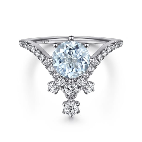 14K White Gold Chevron Aquamarine and Diamond Engagement Ring