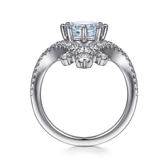 14K White Gold Chevron Aquamarine and Diamond Engagement Ring angle 2