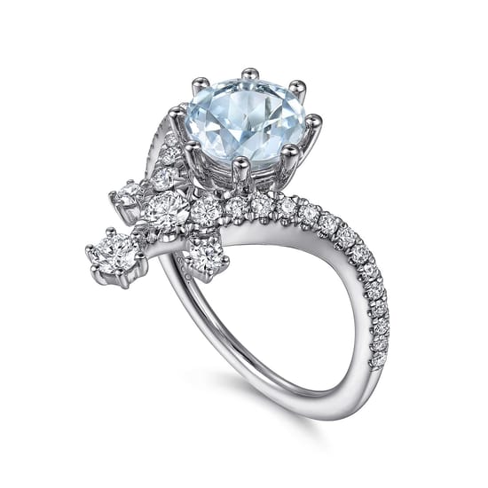 14K White Gold Chevron Aquamarine and Diamond Engagement Ring angle 3