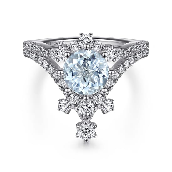 14K White Gold Chevron Aquamarine and Diamond Engagement Ring angle 4