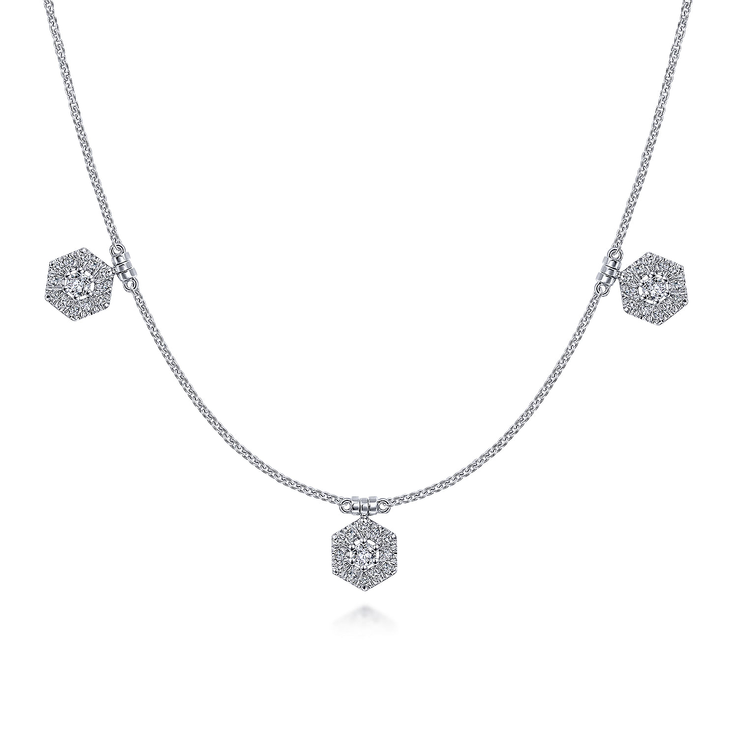 14K White Gold Choker Necklace with Hexagonal Diamond Halo Stations