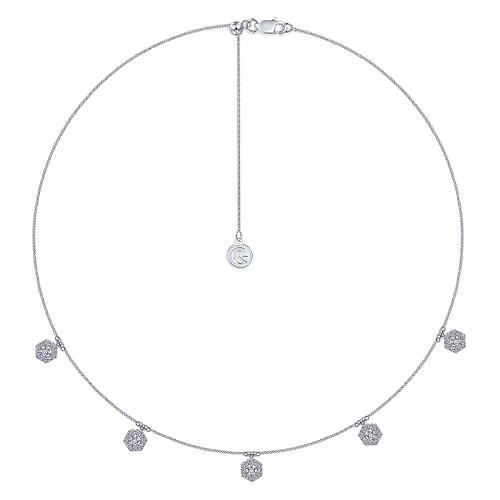 14K White Gold Choker Necklace with Hexagonal Diamond Halo Stations