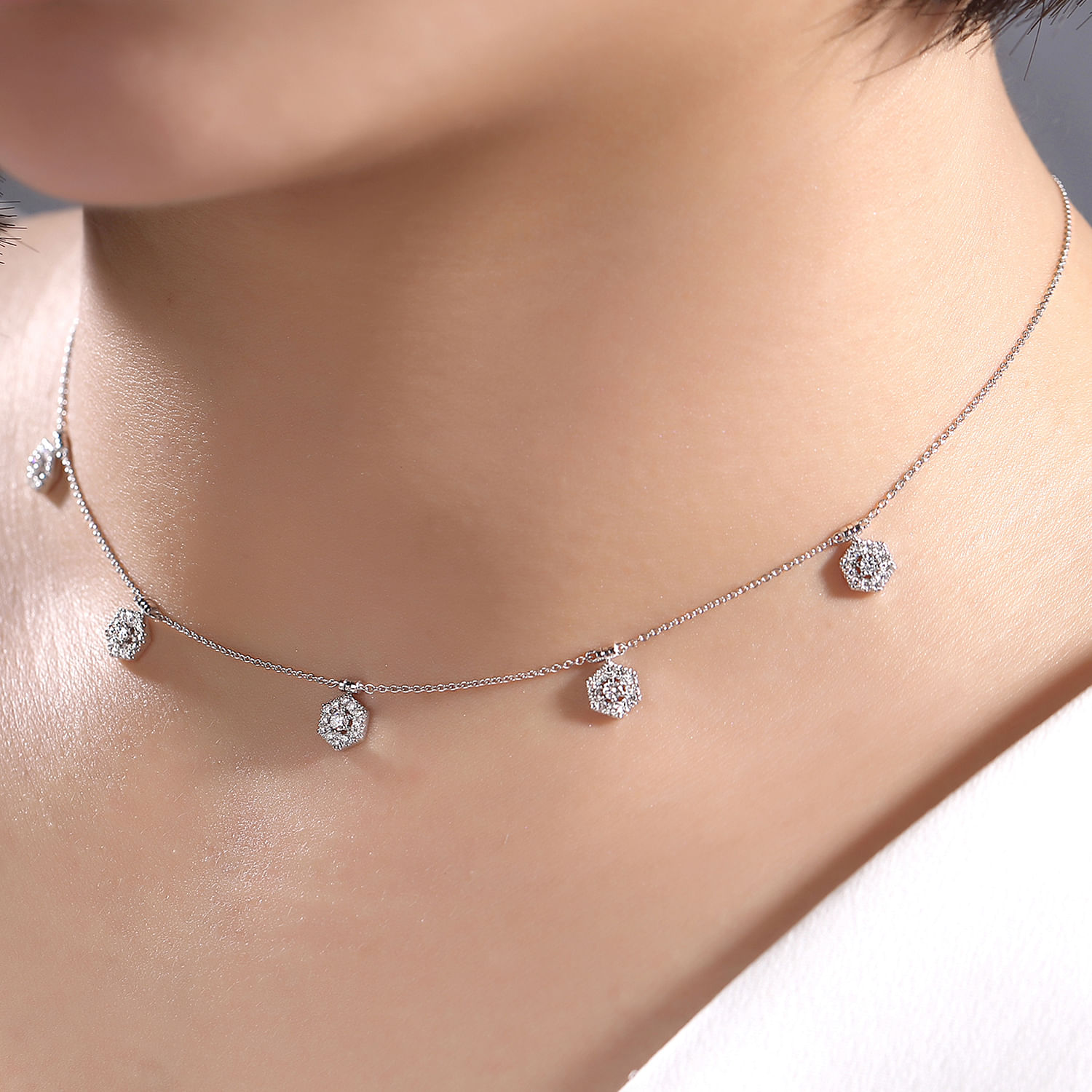 14K White Gold Choker Necklace with Hexagonal Diamond Halo Stations