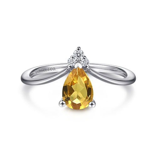 14K White Gold Citrine Diamond Chevron Ring