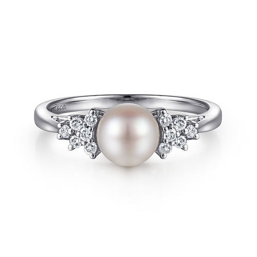 14K White Gold Classic Cultured Pearl Diamond Accented Stackable Ring