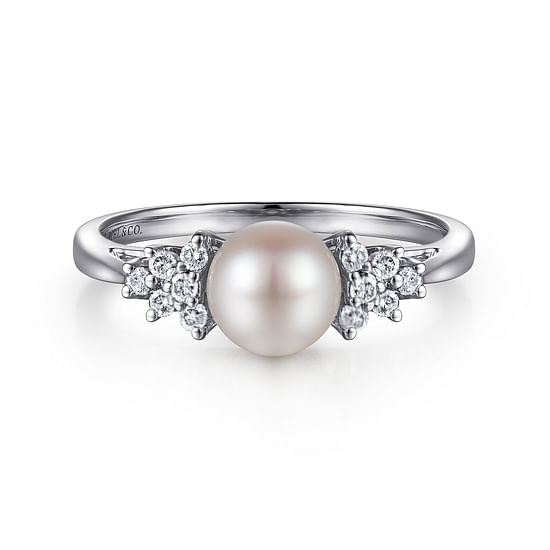 Gabriel - 14K White Gold Classic Cultured Pearl Diamond Accented Stackable Ring