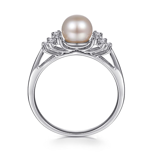 14K White Gold Classic Cultured Pearl Diamond Accented Stackable Ring