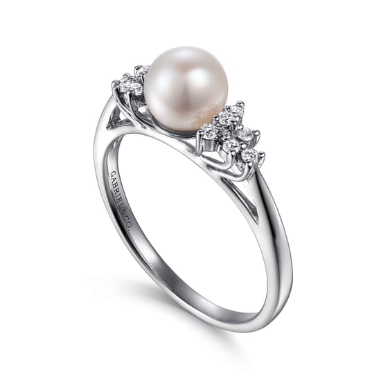 14K White Gold Classic Cultured Pearl Diamond Accented Stackable Ring angle 3