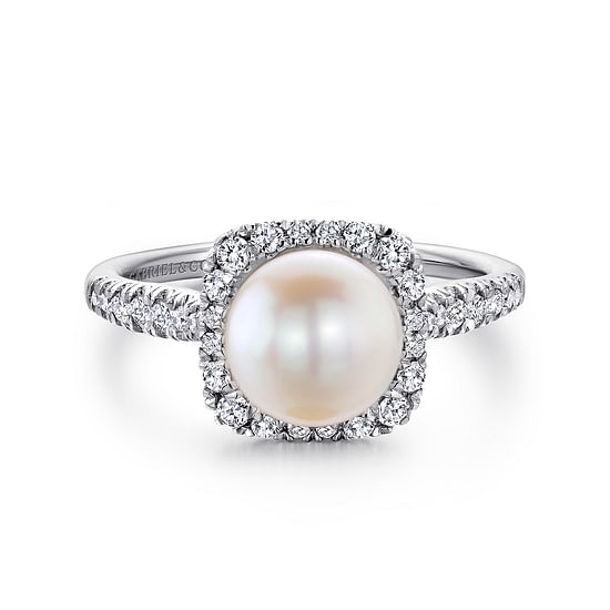 Gabriel - 14K White Gold Classic Cultured Pearl and Diamond Halo Ring