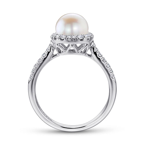 14K White Gold Classic Cultured Pearl and Diamond Halo Ring