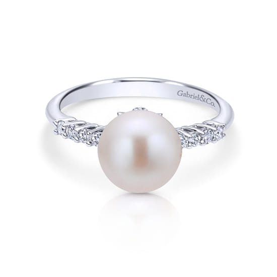 Gabriel - 14K White Gold Classic Cultured Pearl and Diamond Ring