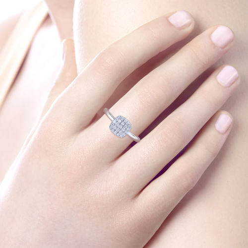 14K White Gold Classic Cushion Shape Diamond Pavé Ring