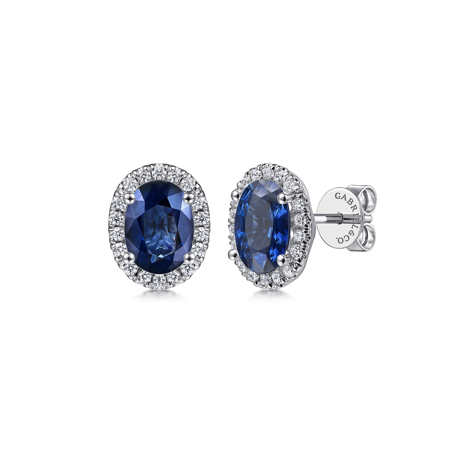 14K White Gold Classic Diamond Halo Oval Sapphire Stud Earrings