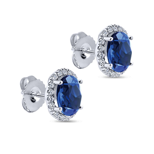 14K White Gold Classic Diamond Halo Oval Sapphire Stud Earrings