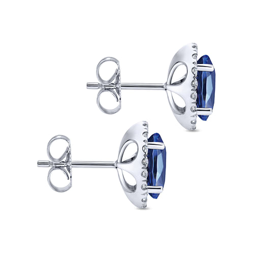 14K White Gold Classic Diamond Halo Oval Sapphire Stud Earrings