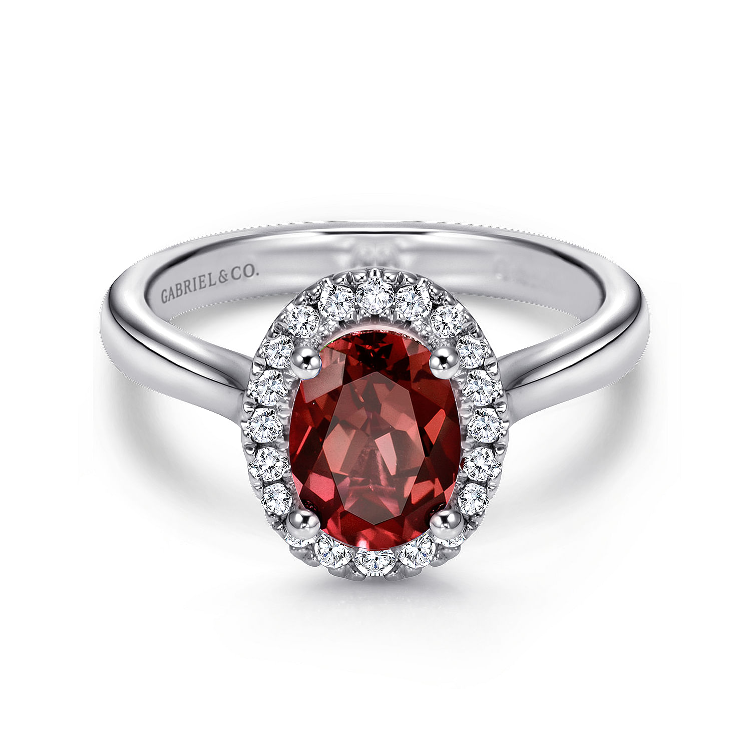 14K White Gold Classic Oval Garnet and Diamond Halo Ring