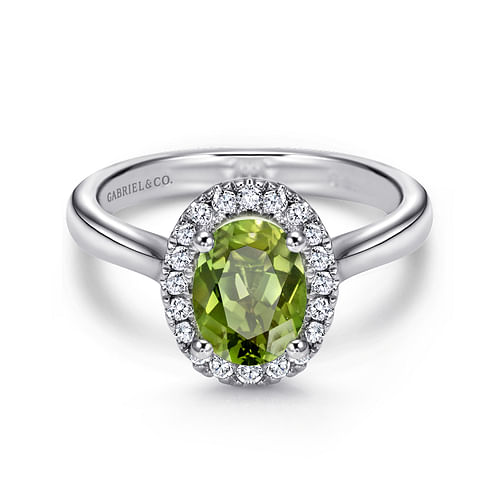 14K White Gold Classic Oval Peridot and Diamond Halo Ring