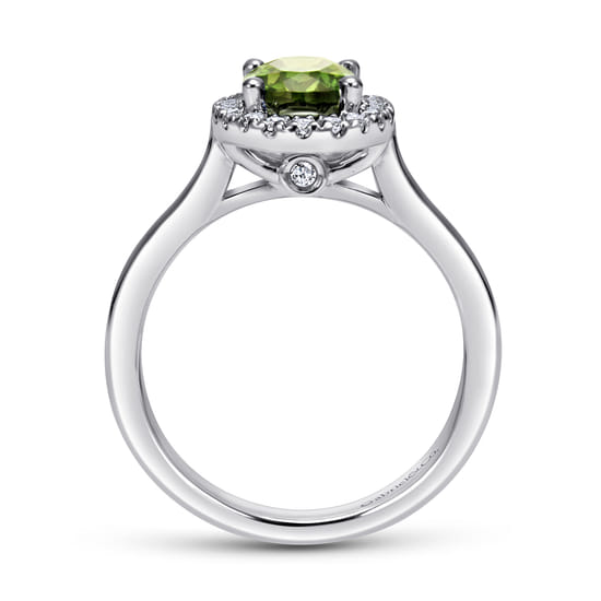 14K White Gold Classic Oval Peridot and Diamond Halo Ring angle 2