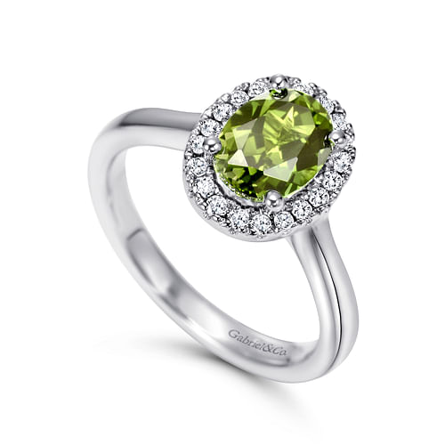 14K White Gold Classic Oval Peridot and Diamond Halo Ring