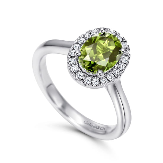 14K White Gold Classic Oval Peridot and Diamond Halo Ring angle 3